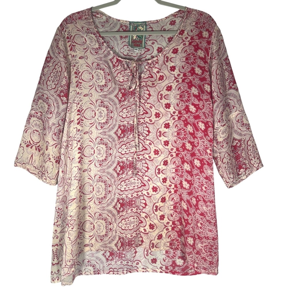 JOHNNY WAS Paisley Tie Neck Tunic Top XS‎ Red Pink Cupra Rayon Boho Gypsy Artsy